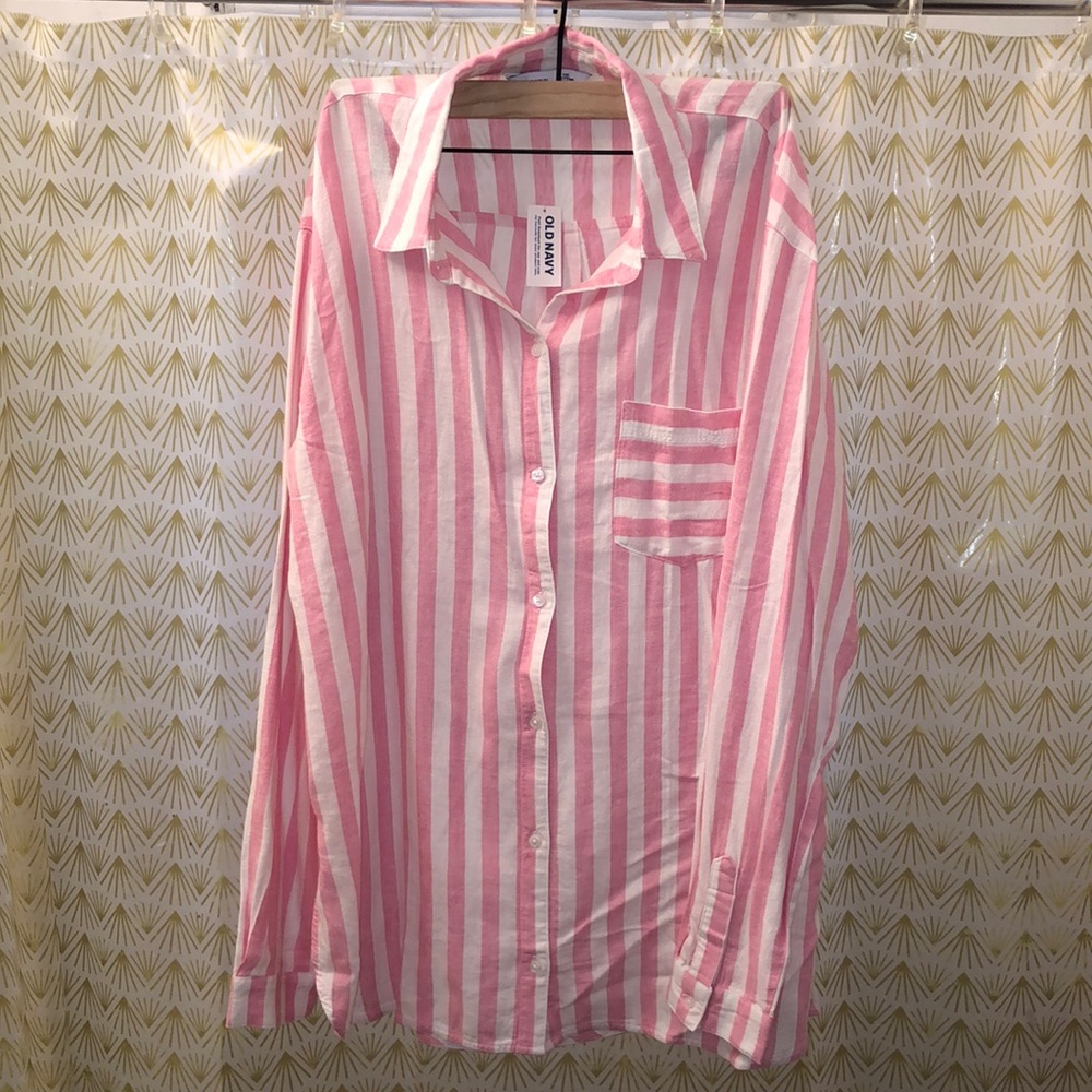 Old Navy Pink and White Striped Boyfriend Shirt, size L Tall